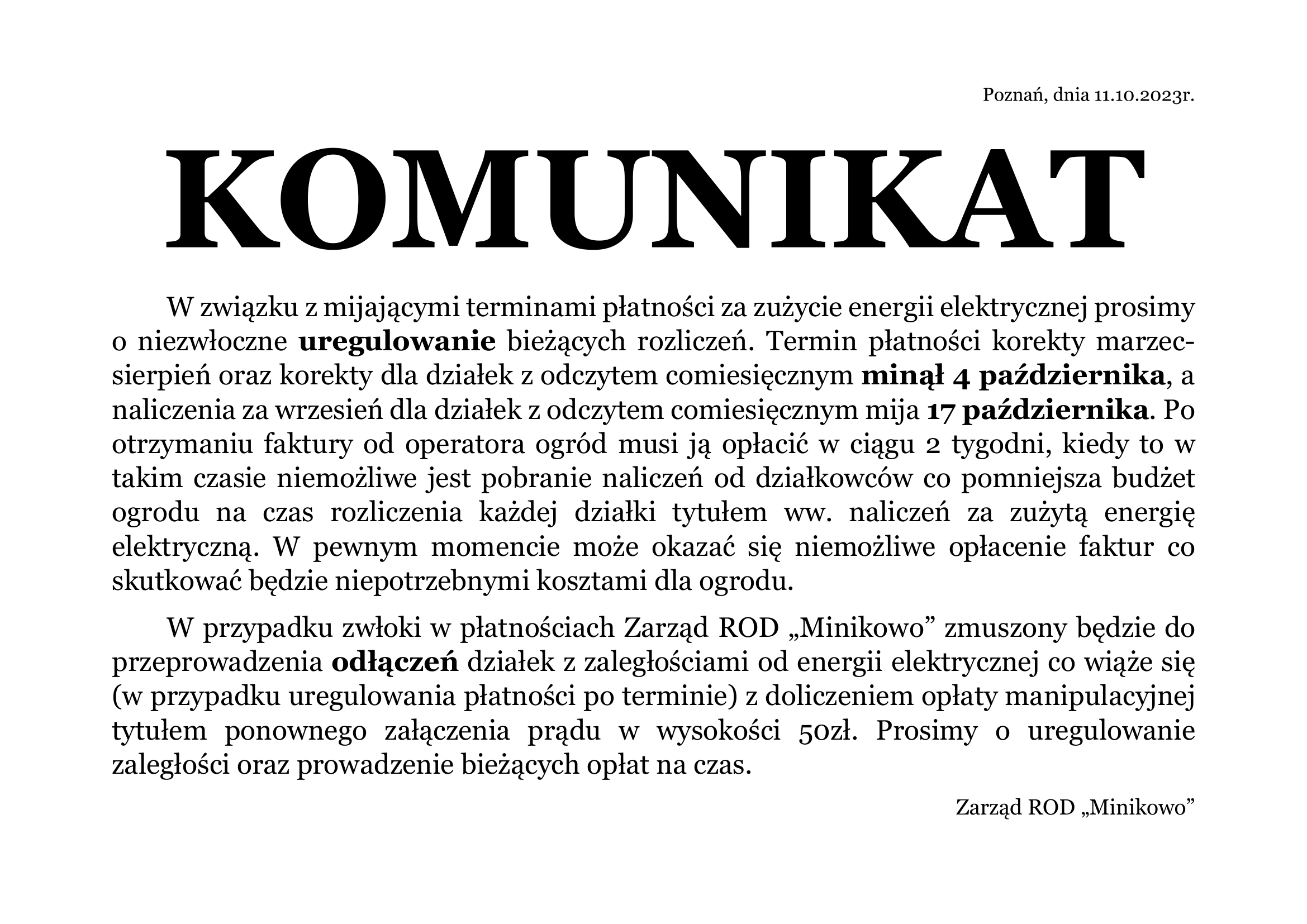 komunikat regulowanie platnosci